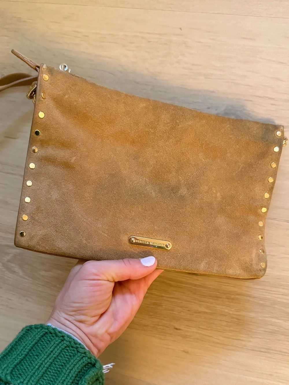 Suede Studded Crossbody Bag - Tan